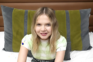 This POV casting video stars an 85 lb flaxen-haired legal age teenager 18+ amateur