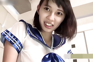 Uncensored, 19-year-old black-haired beauty. Amateur housewife, big tits, pregnant woman blowjob and creampie sex. Sexy uniform cosplay